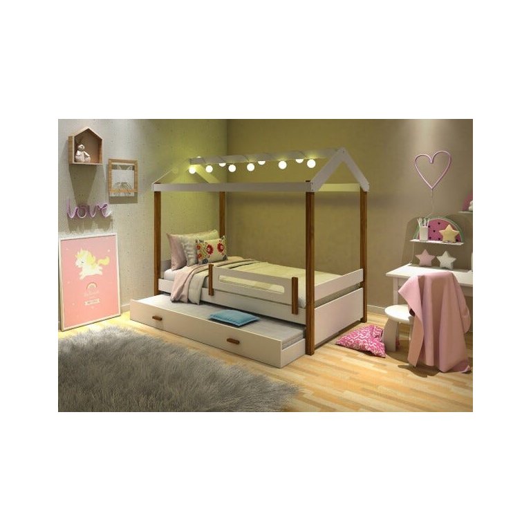 Cama Infantil Solteiro Eliz com Auxiliar e Led Br/ Mel - Branco/mel