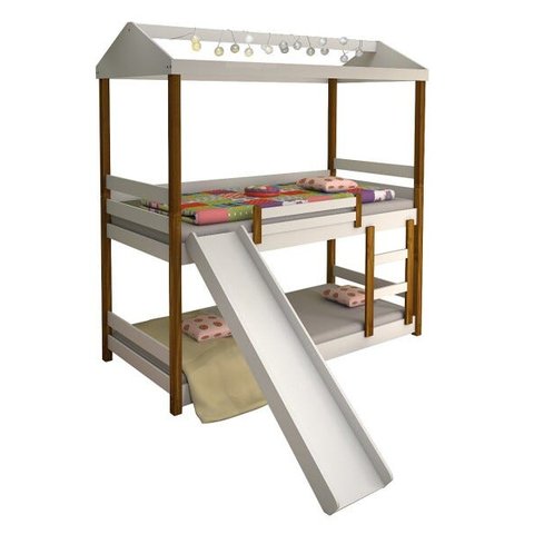 Beliche Infantil Solteiro Manuela com Escorregador e Led Branco/mel - Branco/mel