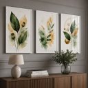 Ver imagem 1 de Kit 3 Quadros Folhagem Verde Dourado Aquarela com Moldura Branca