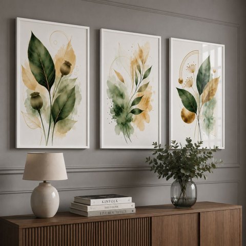 Kit 3 Quadros Folhagem Verde Dourado Aquarela com Moldura Branca