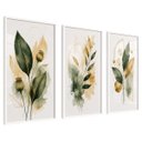 Ver imagem 2 de Kit 3 Quadros Folhagem Verde Dourado Aquarela com Moldura Branca