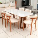 Ver imagem 1 de Conjunto 6 Lugares Tampo Vidro Mesa 1,80m Retangular Cadeiras Madeira Natural Off White com Mel