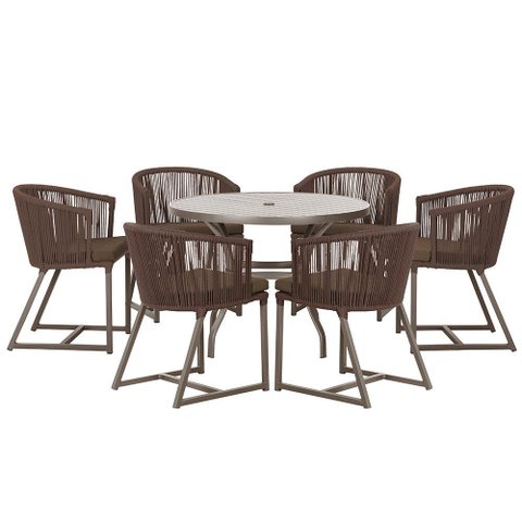 Mesa com 6 Cadeiras de Jantar Roma 120cm e Noronha em Alumínio Marrom Corda Náutica Estofado 9 Trama