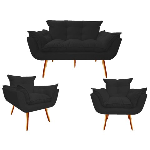 Kit Namoradeira + 2 Poltronas Decorativa Opala Suede Preto Pés Madeira Ms Decor