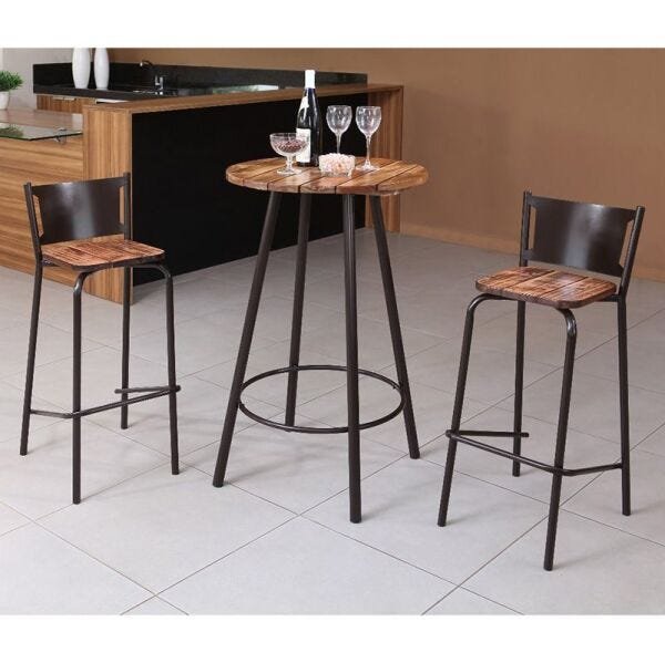 Conjunto Mesa Bistrô Madeira e Aço com 2 Banquetas Café Castanheira ...