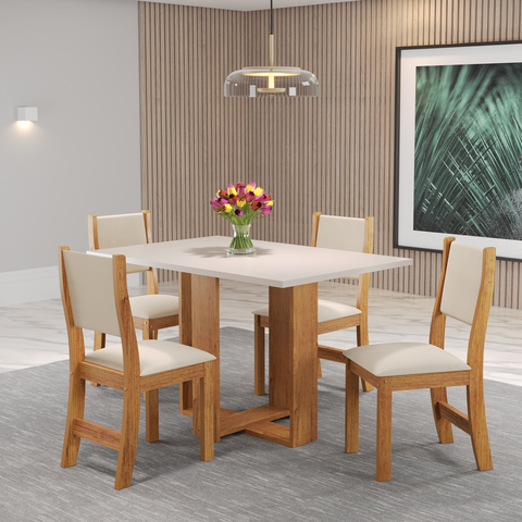 Mesa de Jantar Retangular Holy com 4 Cadeiras Sol Mel/blonde/bege - Casa Giulia