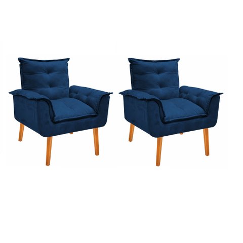 Kit 2 Poltronas Cadeiras Decorativas Opala Suede Azul Marinho Pés Palito Recepção Sala de Estar