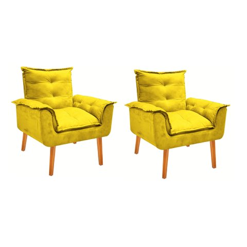 Kit 2 Poltronas Cadeiras Decorativas Opala Suede Amarelo Pés Palito Recepção Sala de Estar