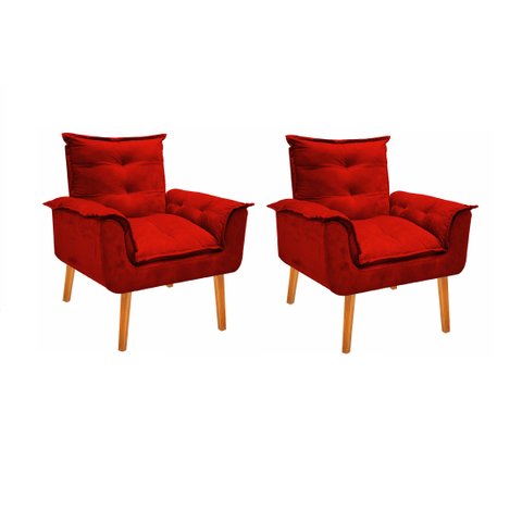 Kit 2 Poltronas Cadeiras Decorativas Opala Suede Vermelho Pés Palito Recepção Sala de Estar