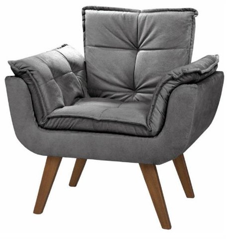 Poltrona Opala Cadeira Decorativa Suede Cinza para Sala Escritório Recepção