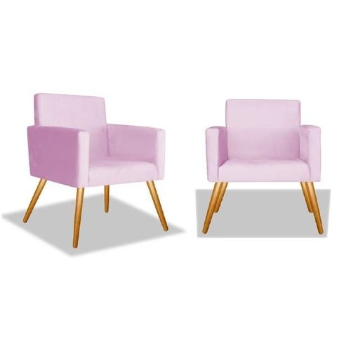Kit 2 Poltrona Alice Suede Rosa Bebê Decorativa Pés Palito Imbuia Mel Cadeira para Sala Recepção