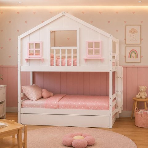 Treliche Infantil Casinha Dos Sonhos com Varanda Madeira Maciça Branco/ Rosa Megamobilia
