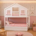Ver imagem 1 de Treliche Infantil Casinha Dos Sonhos com Varanda Madeira Maciça Branco/ Rosa Megamobilia