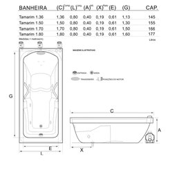 Banheira Retangular Tamarin Completa com Hidro em Acrílico - 220v - 2