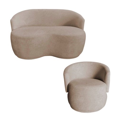 Kit Namoradeira + Poltrona Decorativa Beatriz Orgânica Bouclé Bege