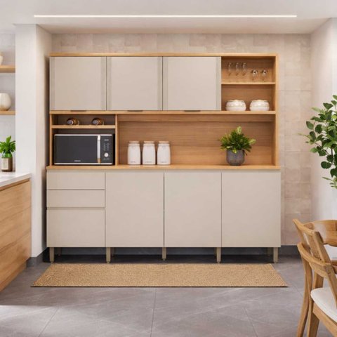 Armário Cozinha 220 M 7 Portas 2 Gavetas Mdf Jequitibá Gris