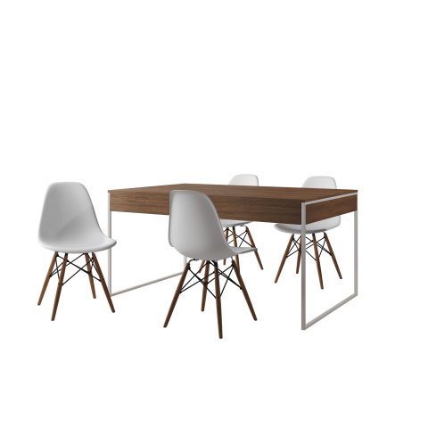 Conjunto Industrial Filadelfia 137x90 Ferro Branco Tampo Amendoa 4 Cadeiras Brancas