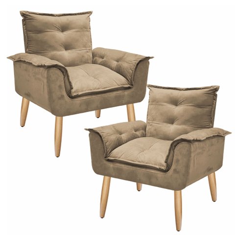 Kit 2 Poltrona Suede Cappuccino Cadeira Decorativa Julia Opala Sala Recepção Pés Caramelo