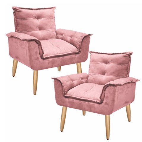 Kit 2 Poltrona Suede Rosê Cadeira Decorativa Julia Opala Sala Recepção Pés Caramelo