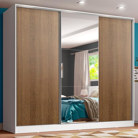 Guarda Roupa Juvenil 100% Mdf Madesa Kevin 3 Portas de Correr com Espelho - Branco/rustic