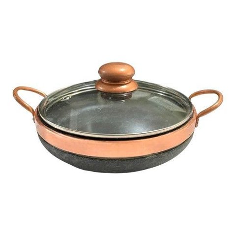 Frigideira de Pedra Sabão 24 Cm com Tampa de Vidro Pegador Exclusivo