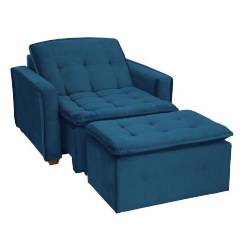 Poltrona Cama Retrátil Reclinável Com Puff Suede Azul Descanso - Larbelle