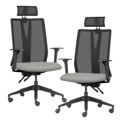 Kit 2 Cadeiras Escritório Giratória Presidente Flow F02 Base Preta Crepe Cinza - Lyam Decor