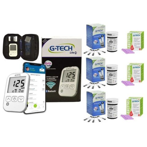 Kit Medidor de Glicose Free Lite Smart Completo com Bluetooth G-tech + 150 Tiras + 150 Lancetas