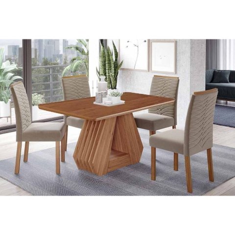 Conjunto: Mesa de Cozinha Ágata Tampo Madeirado 130x80cm e 4 Cadeiras Clarice Cinamomo - Carvalho/
