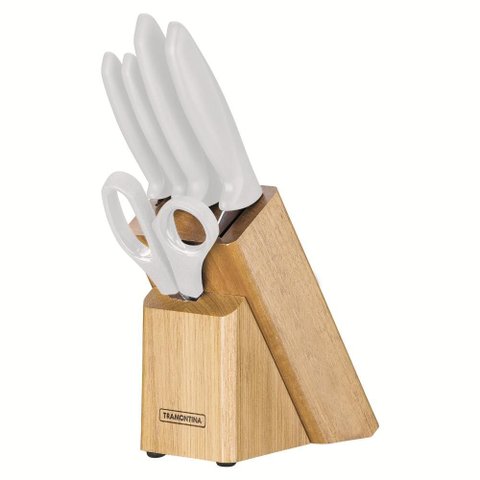 Jogo Facas Cozinha Cepo Cabo Branco 6pçs Plenus Tramontina