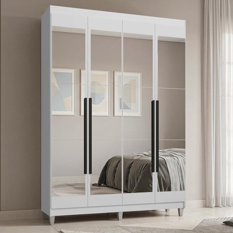 Guarda-Roupa Solteiro com Pés 4 Portas Batentes com Espelhos Branco/Branco/Preto Saturno Madesa