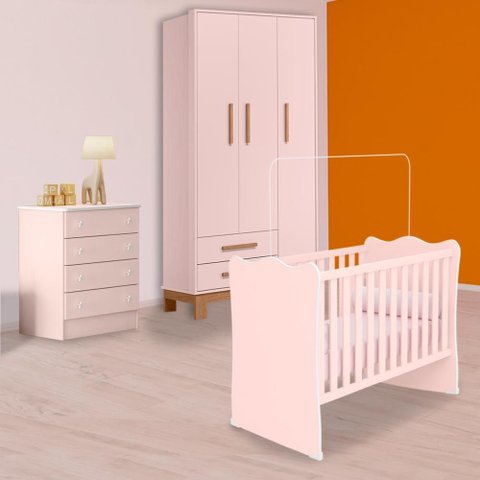 Conjunto Berço, Cômoda 4 Portase Guarda Roupa Slim 3 Portas 2 Gavetas Rosa