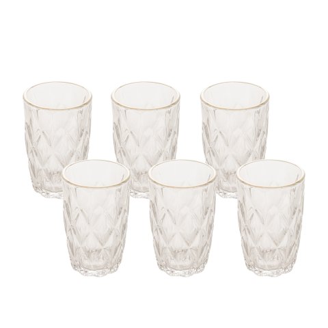 Cj 6 Copos de Vidro Alto Diamond Transparente C/Fio de Ouro 350ml Lyor