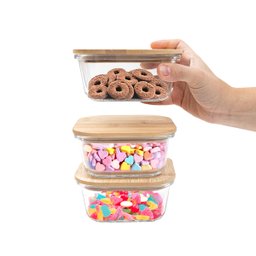 Kit 3 Potes de Vidro 550ml com Tampa de Bambu Hermético Marmita Quadrados - Tud - 2