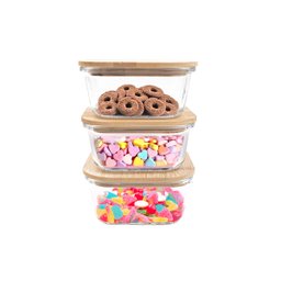 Kit 3 Potes de Vidro 550ml com Tampa de Bambu Hermético Marmita Quadrados - Tud - 1