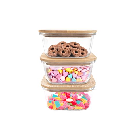 Kit 3 Potes de Vidro 550ml com Tampa de Bambu Hermético Marmita Quadrados - Tud