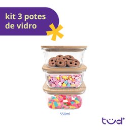 Kit 3 Potes de Vidro 550ml com Tampa de Bambu Hermético Marmita Quadrados - Tud - 4