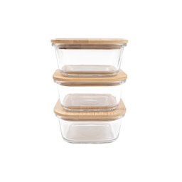 Kit 3 Potes de Vidro 550ml com Tampa de Bambu Hermético Marmita Quadrados - Tud - 3