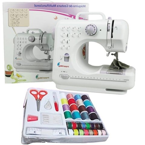 Máquina de Costura Multifuncional Portátil 12 Pontos Bivolt com Kit de Costura com Luz e Pedal -