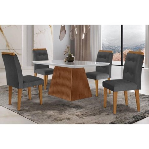 Conjunto: Mesa de Cozinha Luna C/ Tampo Madeirado C/ Vidro Canto Curvo 120x80cm e 4 Cadeiras