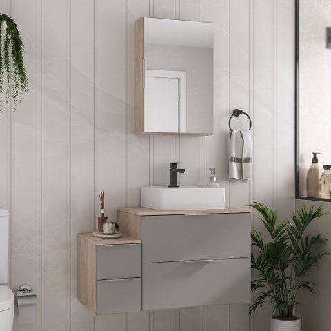 Conjunto Gabinete Banheiro Nivus 80cm (armário + Cuba + Espelheira) Madeirado / Cinza
