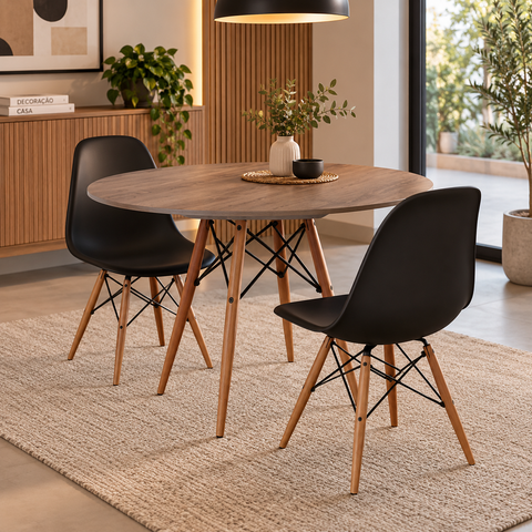 Conjunto de Mesa de Jantar Eames Eiffel Redonda 90cm Tampo de Madeira Amêndoa com 2 Cadeiras Pretas
