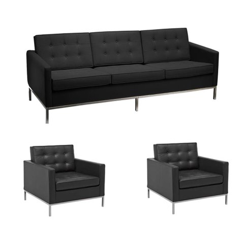 Kit Sofá Fk 3 Lugares Mais 2 Poltronas 1 Lugar 100% Couro Natural Legitimo Preto