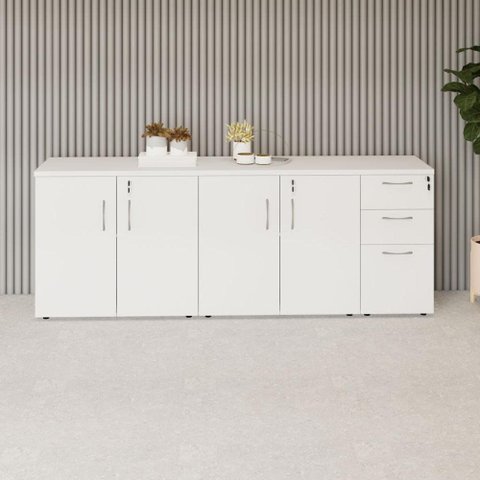 Armário Balcão 1,96m x 45cm Escritório e Home Office com 4 Portas 2 Gavetas e 1 Gavetão Fichá