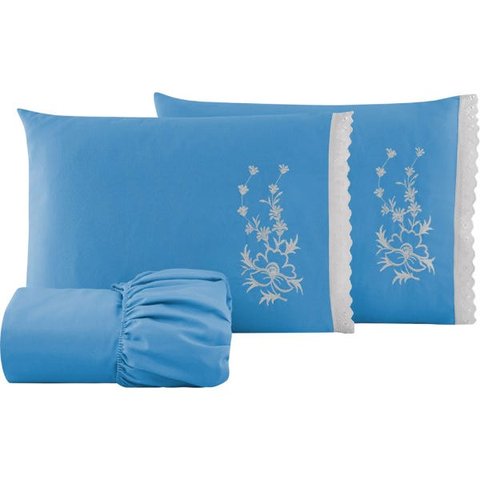 Jogo de Cama Casal Padrão Capricho 100% Algodão 180 Fios 03 Peças - Azul Claro