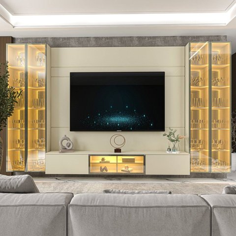 Home para TV até 90 Polegadas com LED e Espelho e Vidro Reflecta 369,8cm x 217,6cm 100% MDF Luminare
