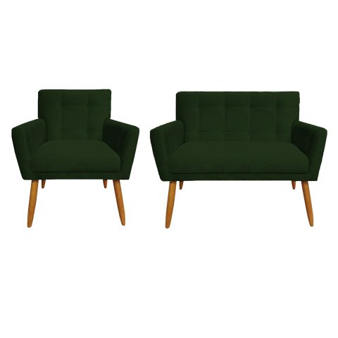 Kit Namoradeira + 1 Poltrona Decorativa Onix Suede Verde Pés Madeira Ms Decor