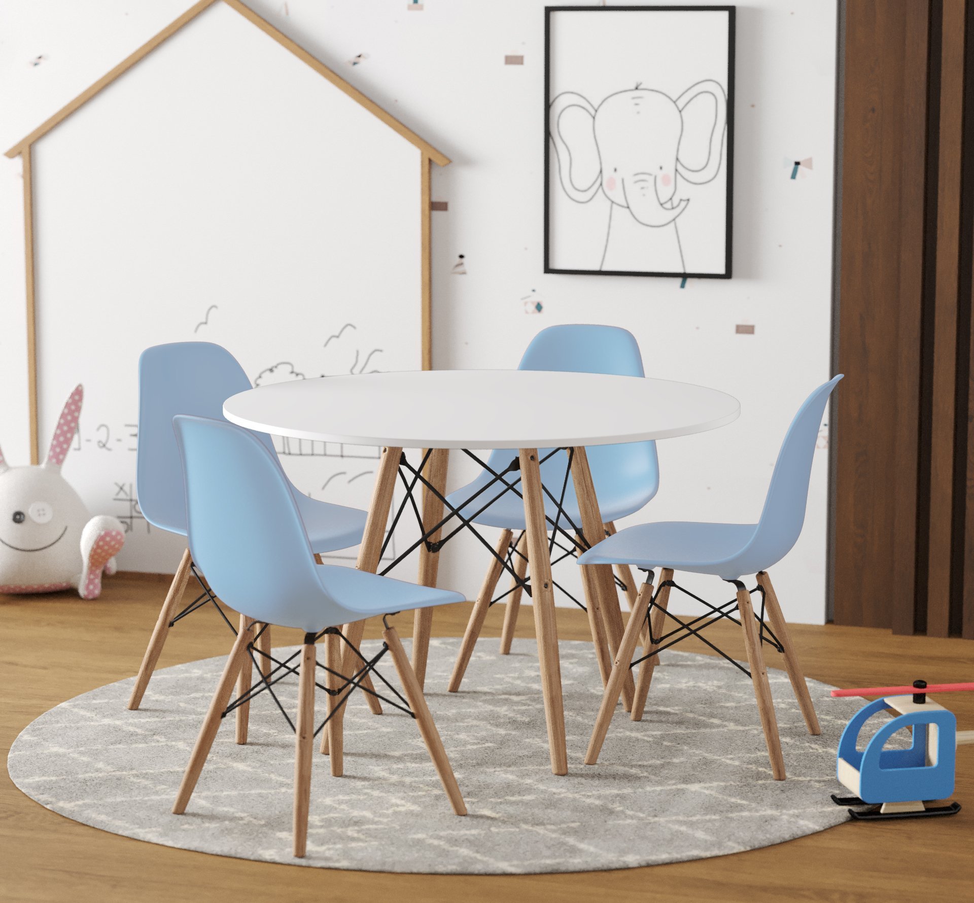 Conjunto De Mesa Eames Eiffel Madeira Infantil 68cm Redondo Branco 4 Cadeiras Azul