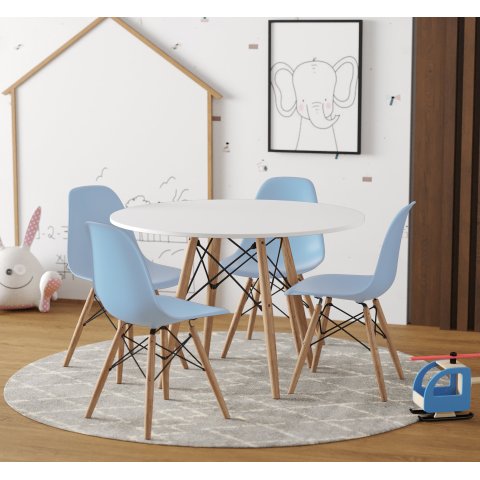 Conjunto De Mesa Eames Eiffel Madeira Infantil 68cm Redondo Branco 4 Cadeiras Azul