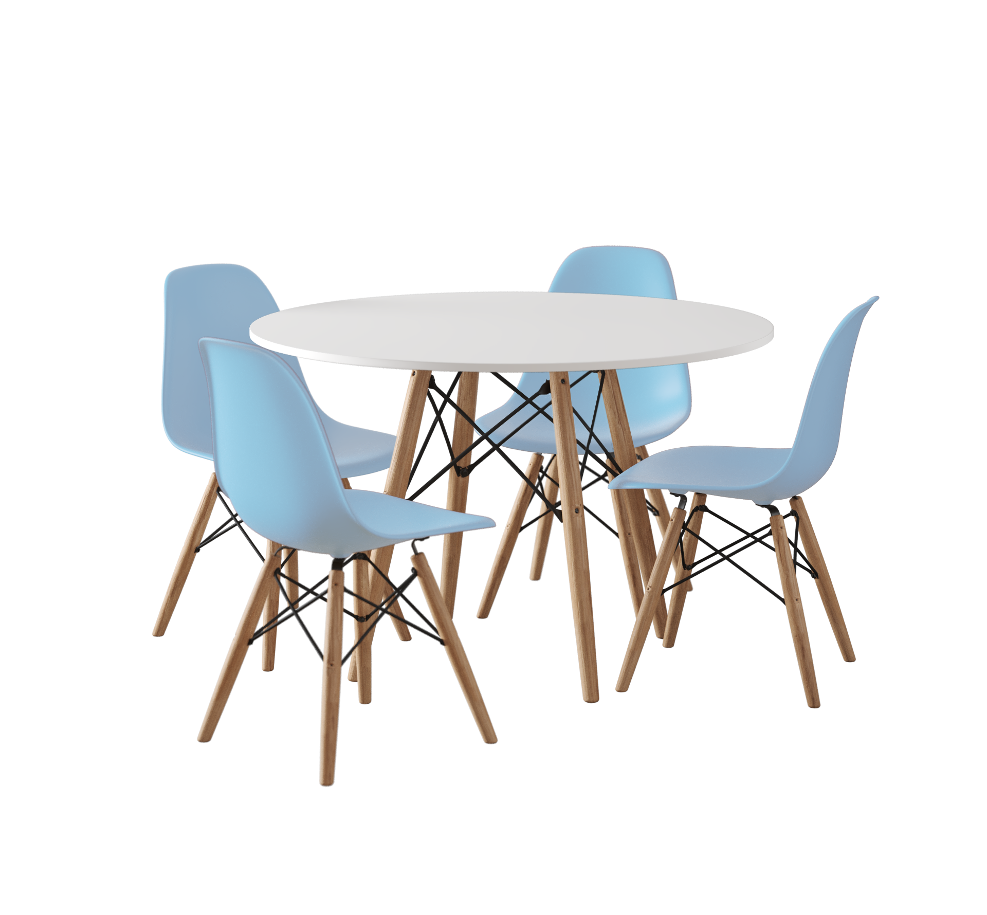 Conjunto De Mesa Eames Eiffel Madeira Infantil 68cm Redondo Branco 4 Cadeiras Azul - 2